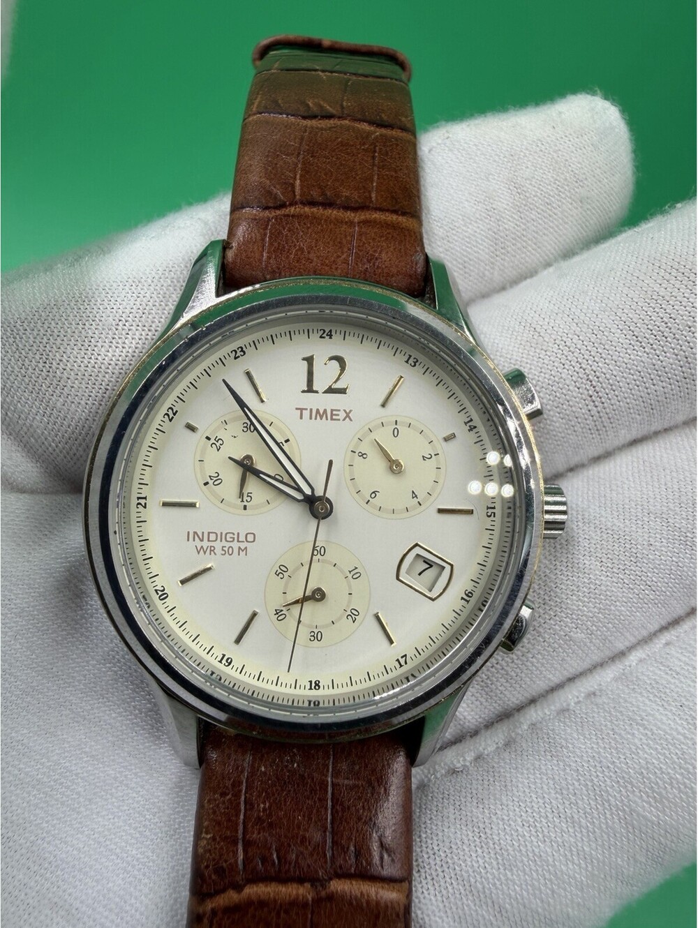 Timex Standard Chronograph Women's Watch Two-Tone Brown Band/Gold Tone New Batte